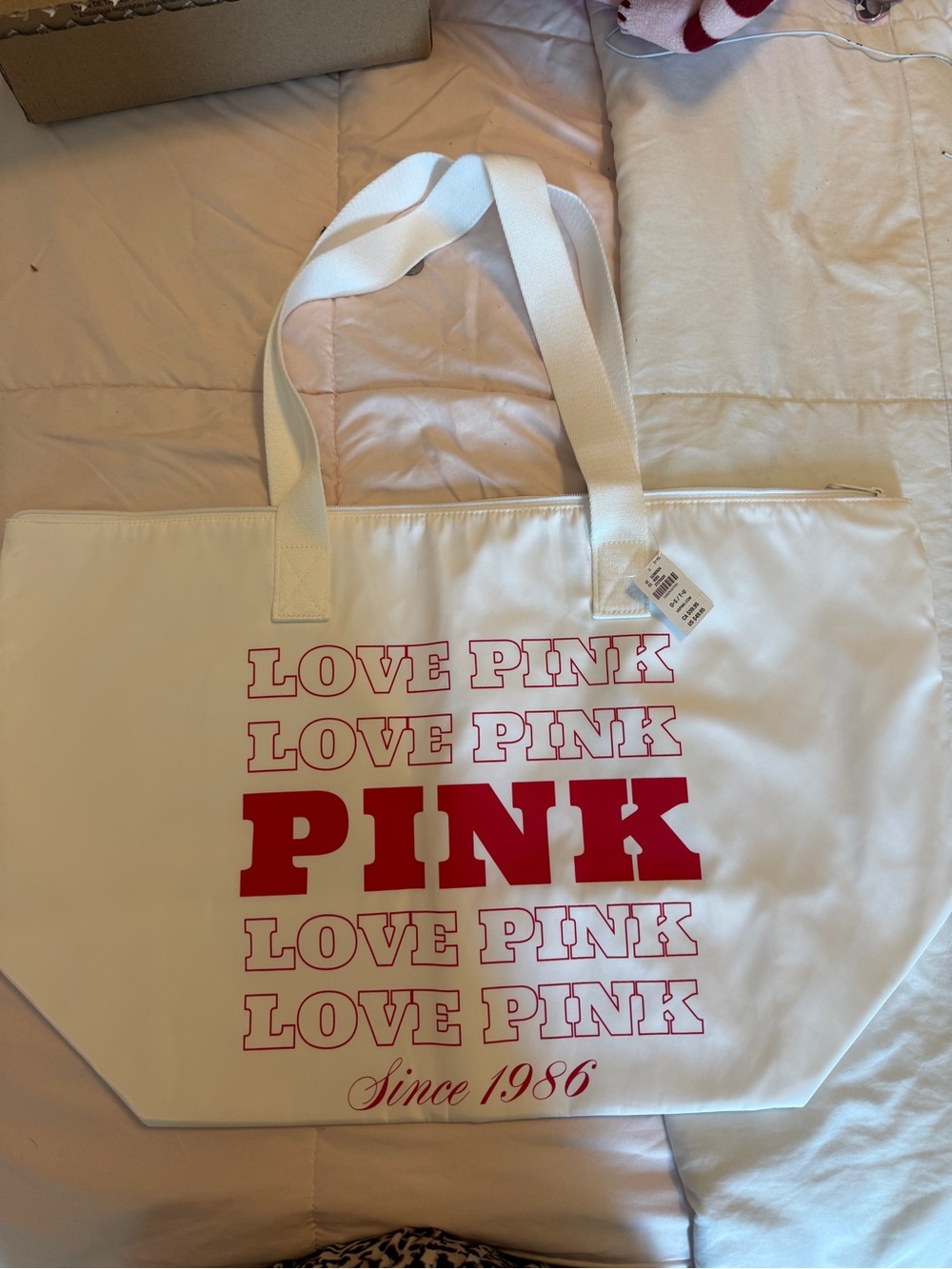 PINK Victoria's Secret White Tote with Red Logo Print